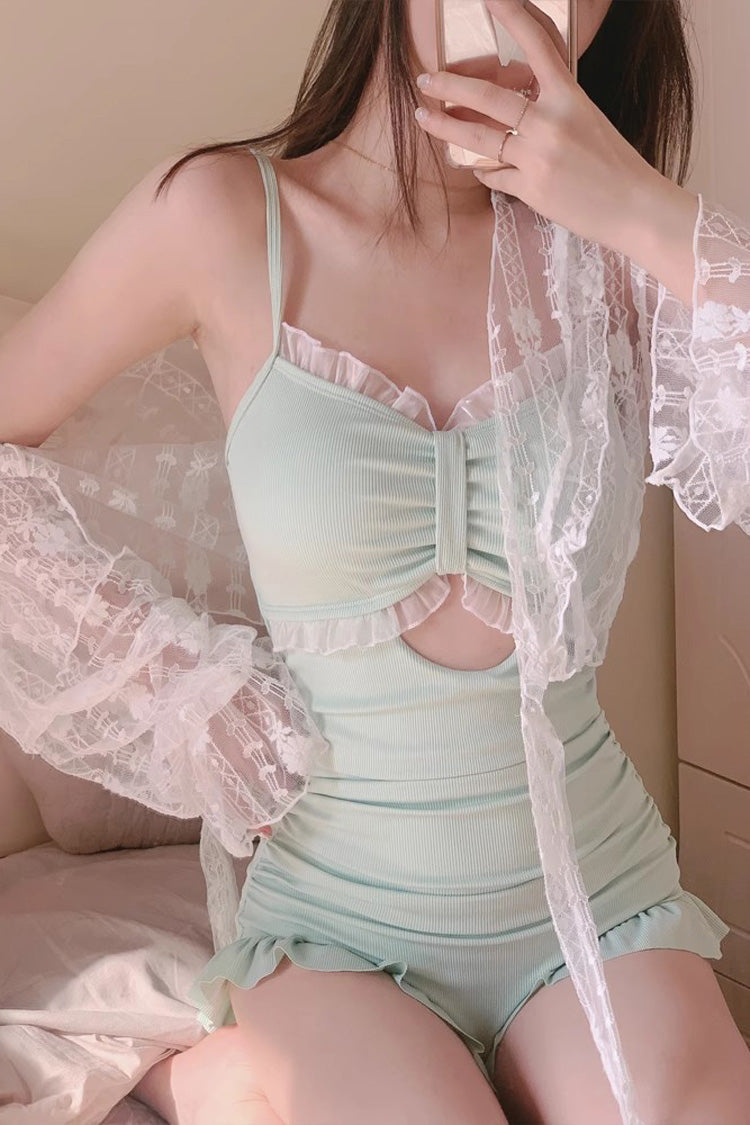 Green Sleeveless Ruffle Cute Sweet Lolita Strapless One Piece Swimsuit - Product - 3