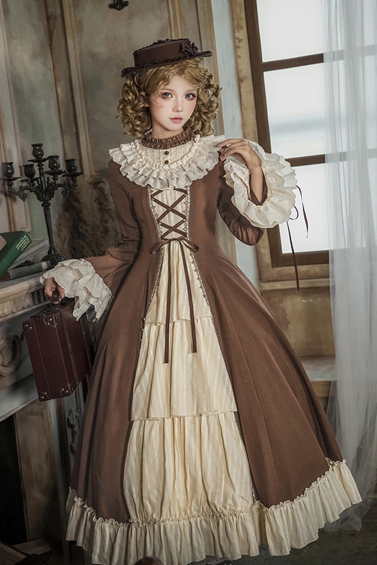 Brown/Beige [Nutcracker] Stand Collar Long Trumpet Sleeves Ruffle Cardigan Bowknot Lace-Up Sweet Lolita Dress Set 2 Versions - Product - 17