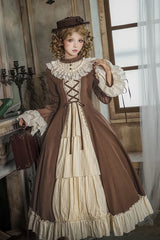Brown/Beige [Nutcracker] Stand Collar Long Trumpet Sleeves Ruffle Cardigan Bowknot Lace-Up Sweet Lolita Dress Set 2 Versions - Product - 17