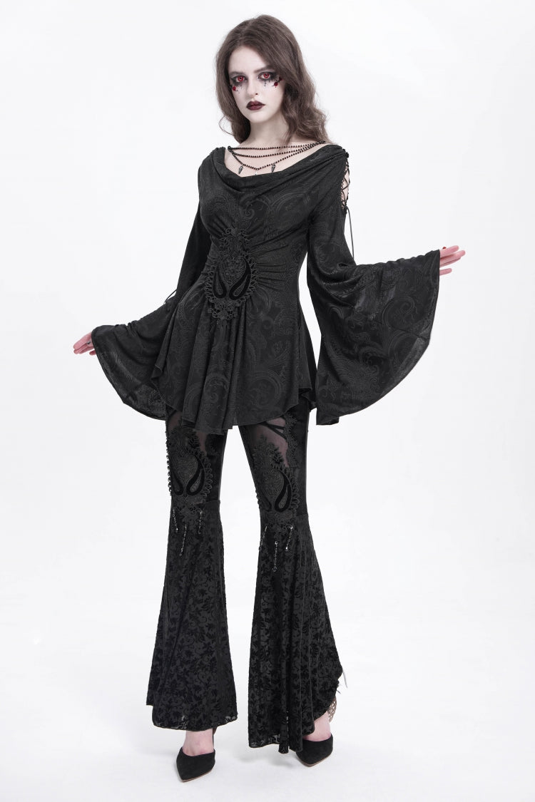 Black Hollow Floral Embroidery Women's Gothic Flared Pants - Product - 5
