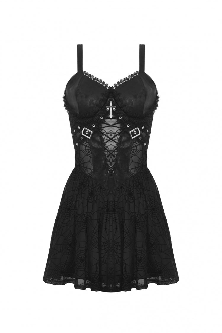 Black Cross Spider Mesh Buckled Zippered Women's Punk Slip Dress - Product - 3