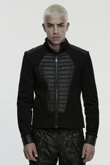 Black Stand Collar Long Sleeves Zipper Pleated Men's Punk Jacket - Black - 1