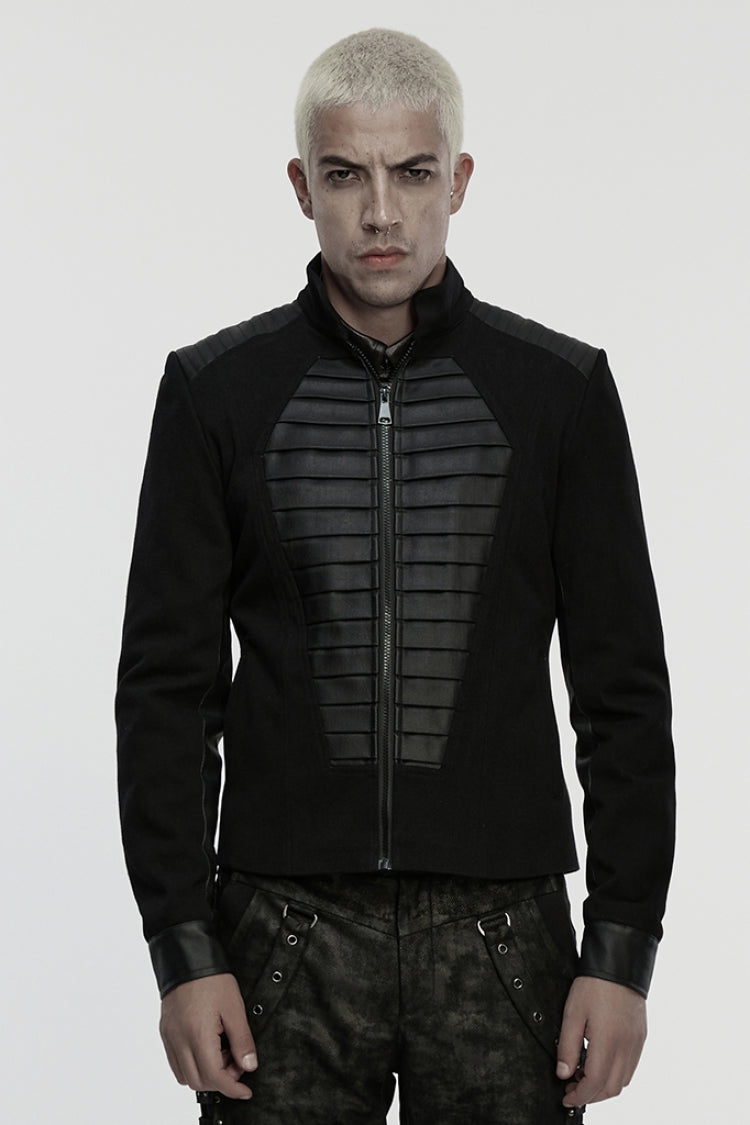 Black Stand Collar Long Sleeves Zipper Pleated Men's Punk Jacket - Black - 1