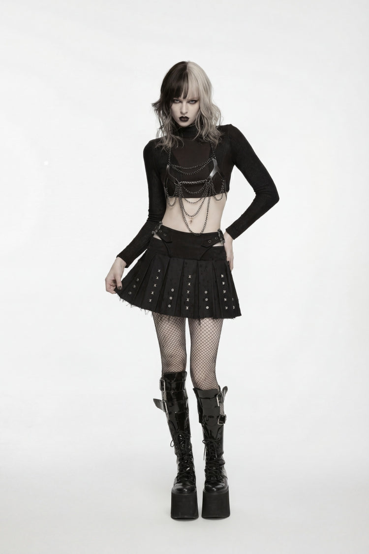 Black Patchwork Studded Pleated Women's Punk Preppy Style Skirt - Black - 1
