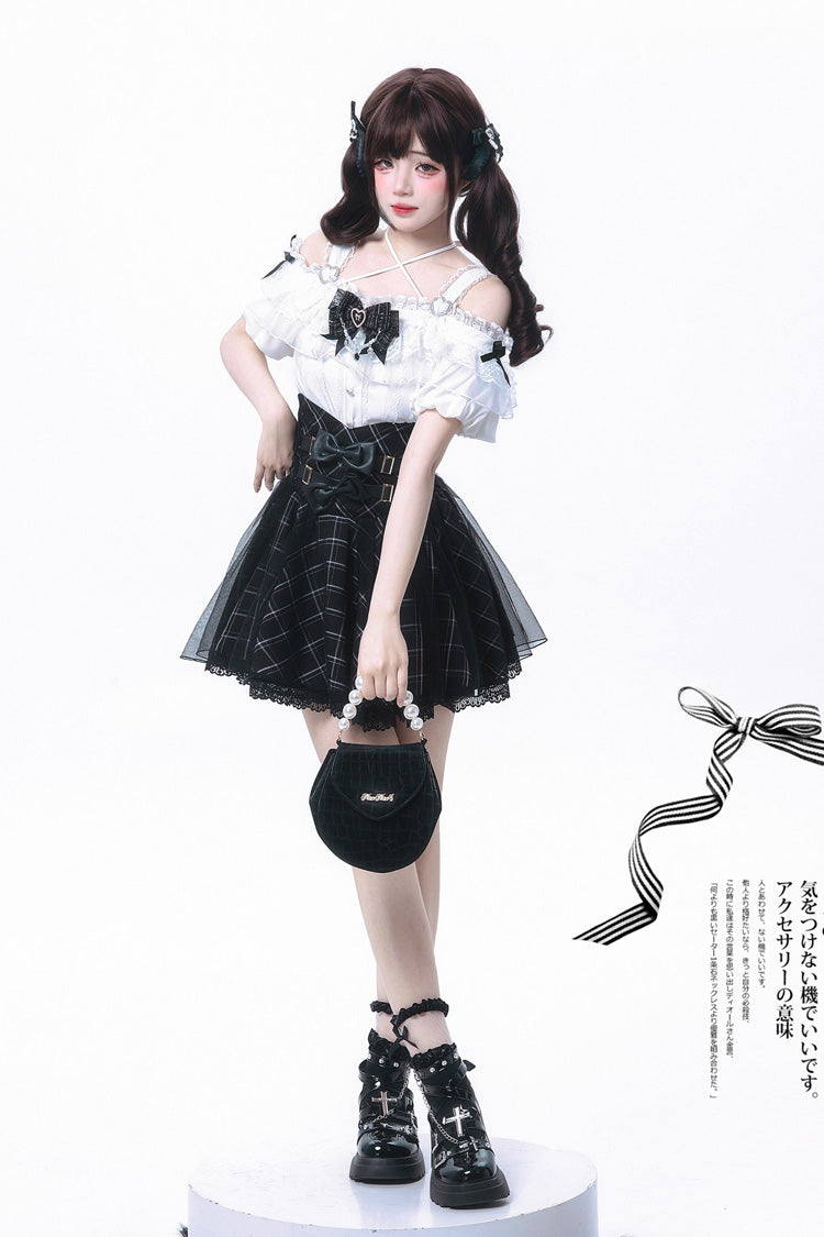 Black/White [Sixteenth Night] Off Shoulder Short Sleeves Plaid Printed Bow Classic Japanese Jirai Kei Skirt Set - Product - 4