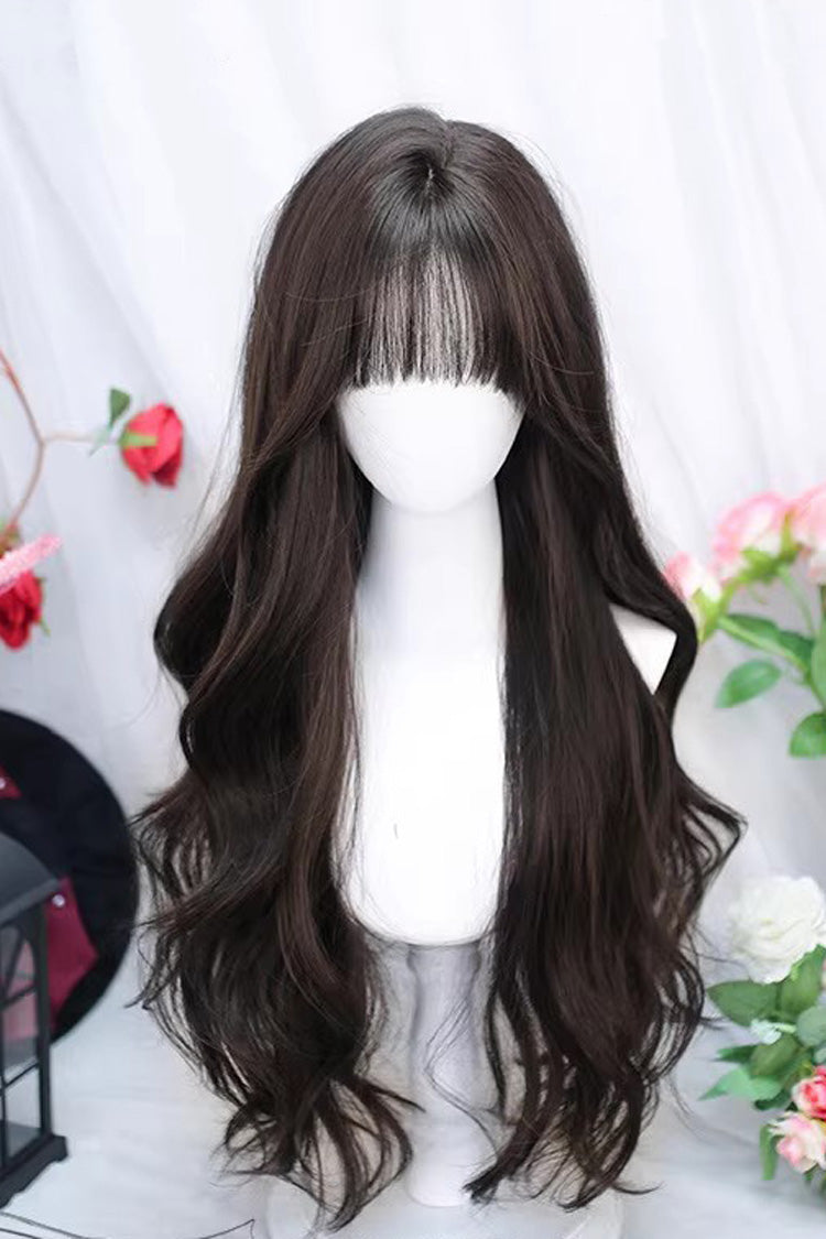 Sweet Lolita Air Bangs Long Curly Wig 4 Colors - Black/Brown - 4