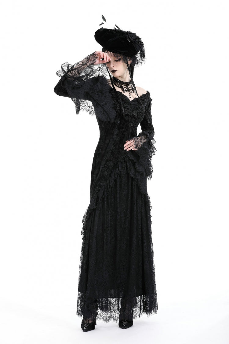 Black Off Shoulder Lace Long Trumpet Sleeves Lace-Up Women's Gothic Bodycon Dress - Product - 7