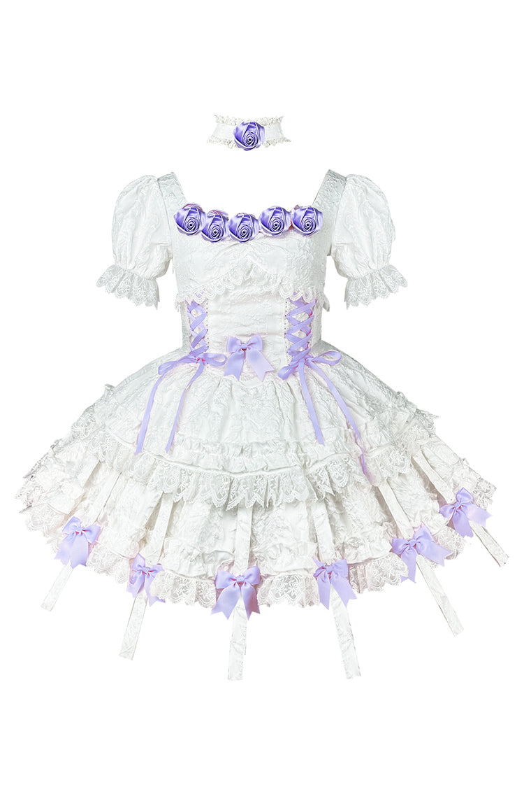 White/Purple Puff Short Sleeves Princess Gothic Lolita Tiered Dress - Product - 3