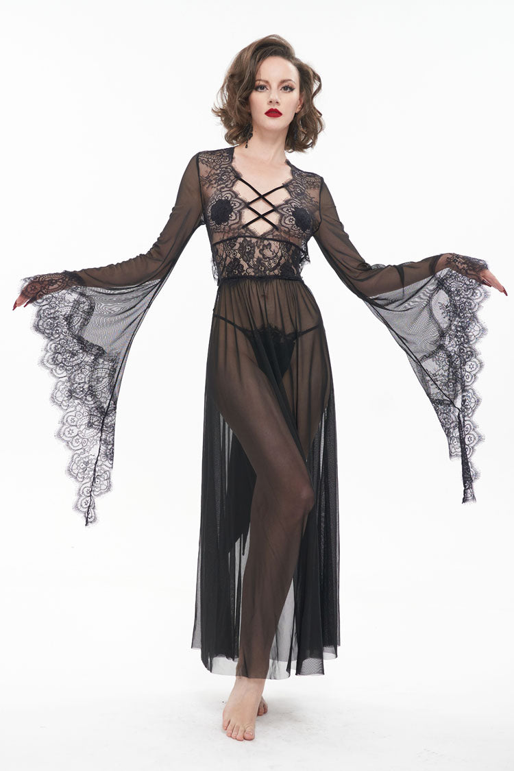 Black Perspective V-Neck Sexy Backless Lace Up Lace Flare Sleeve Women's Gothic Dress - Product - 2