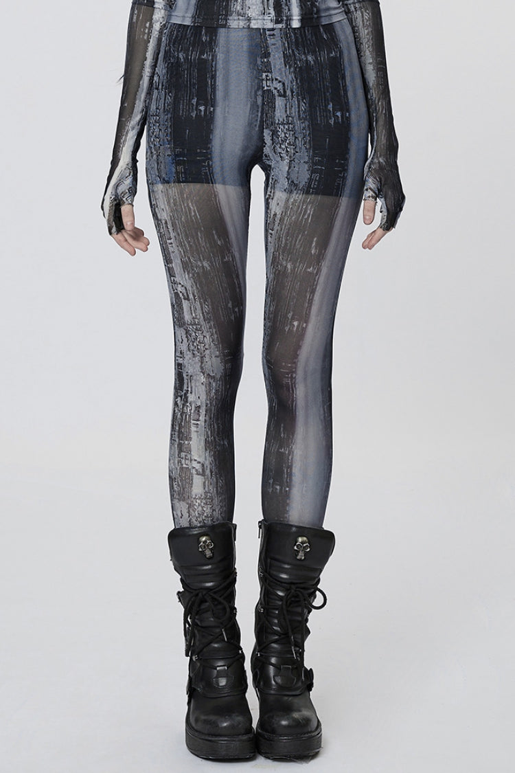 Slim Mesh Tie-dyed Women's Steampunk Leggings 2 Colors - Black/Grey - 1
