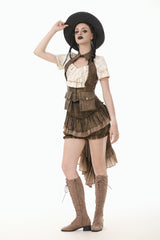 Brown Point Lapel Collar Sleeveless Women's Steampunk Utility Vest with Cargo Pockets - Product - 8