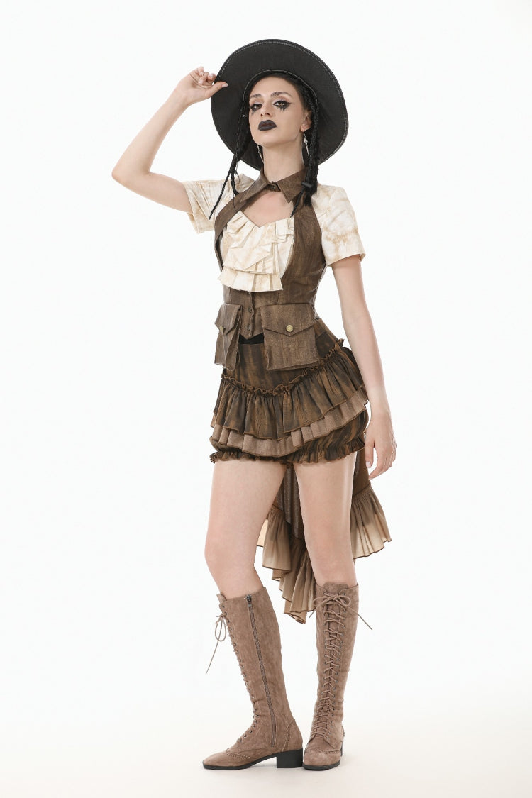 Brown Point Lapel Collar Sleeveless Women's Steampunk Utility Vest with Cargo Pockets - Product - 8