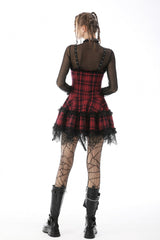 Red Sleeveless Hem Plaid Layered Lace Women's Punk Mini Strap Dress - Product - 4