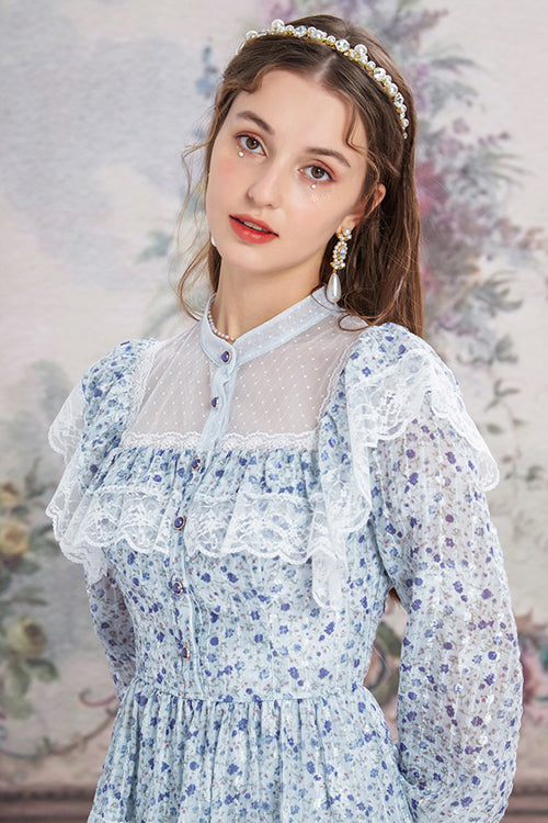Blue Chiffon Stand Collar French Lace Floral Embroidered Trumpet Long Sleeves Ruffled Sweet Lolita OP Dress - Product - 6