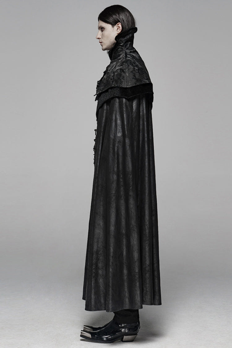 Black Jacquard Stand Collar Stitching Metal Retro Buckle Mens Gothic Cloak - Product - 2