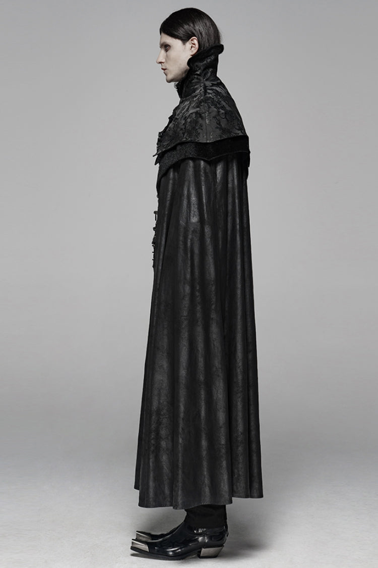 Black Jacquard Stand Collar Stitching Metal Retro Buckle Mens Gothic Cloak - Product - 2