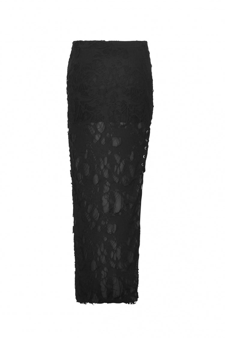 Black Lace-Up Ripped Women's Punk Split Long Skirt - Product - 12