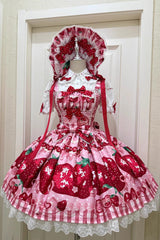 [Dream to Strawberry] Print Ruffle Bowknot Lace Sweet Lolita Jsk Dress 4 Colors - Pink - 1