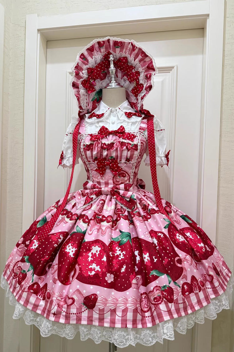 [Dream to Strawberry] Print Ruffle Bowknot Lace Sweet Lolita Jsk Dress 4 Colors - Pink - 1