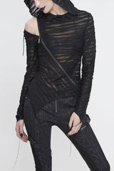 Black Hooded Three-Dimensional Twisted Knitted Inclined Zipper Irregular Hem Women's Punk Shirt - Product - 2