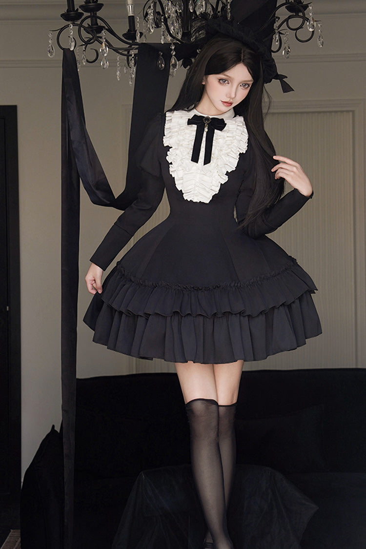 Black [Miss Weir] Stand Collar Long Sleeves Double-Layered Ruffle Gothic Lolita Dress - Product - 2