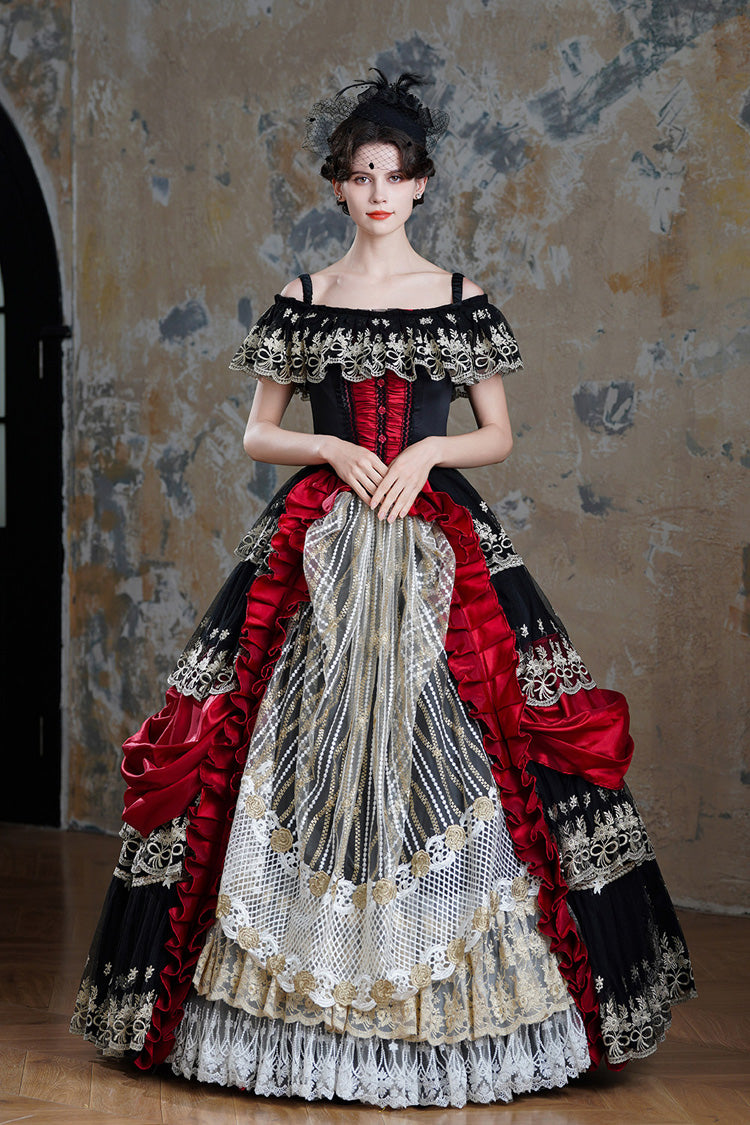 Black/Red Off Shoulder Short Sleeves Multi-Layered Ruffled Open-Front Mesh Gothic Vintage Palace Lolita Victorian Dress - Black/Red - 1