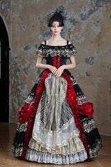 Black/Red Off Shoulder Short Sleeves Multi-Layered Ruffled Open-Front Mesh Gothic Vintage Palace Lolita Victorian Dress - Black/Red - 1