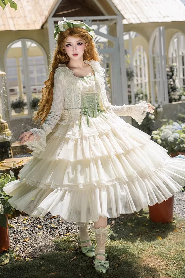 Green [Letters & Poems · Whisper of Lily of the Valley] Square Collar Multi-Layered Ruffled Embroidered Fishbone Sweet Lolita Jsk Dress 2 Versions - Product - 19