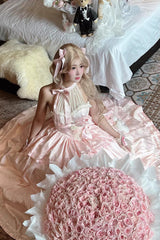 Pink [Softly Into Dreams] Halterneck Sleeveless Double-Layered Printed Ruffled Bow Lace Sweet Elegant Princess Gorgeous Lolita Jsk Long Dress - Product - 9