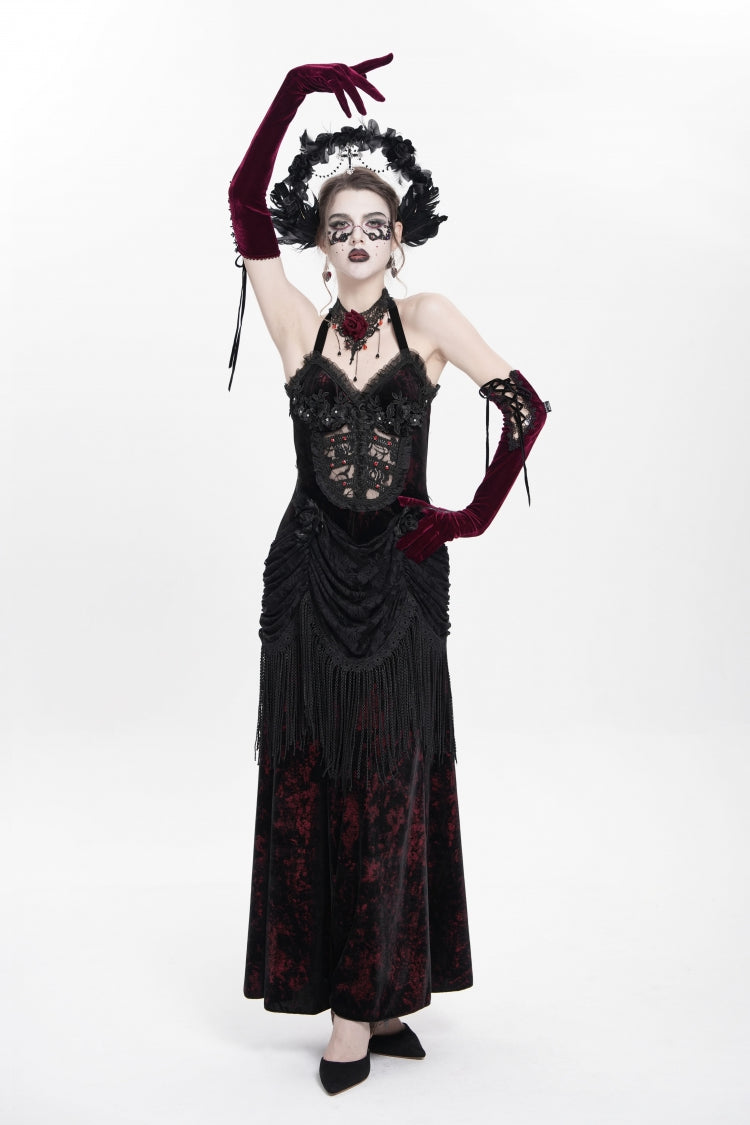 Red Sleeveless Hollow Floral Embroidery Lace-Up Pleated Women's Gothic Maxi Dress - Product - 7