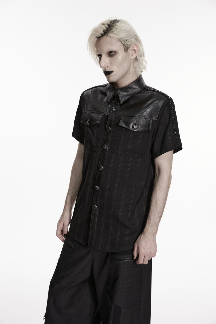 Black Lapel Collar Short Sleeves Spliced Men's Punk Shirt - Product - 7