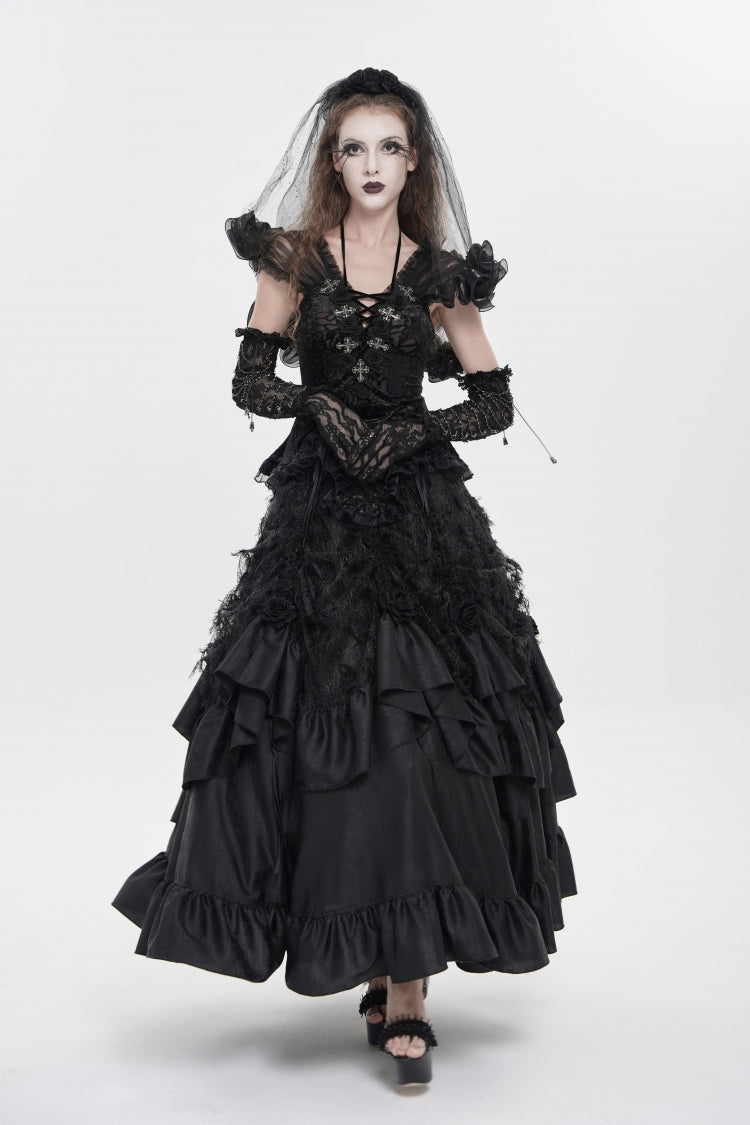 Black V Collar Short Sleeves Embroidered Lace Lace-Up Slim Women's Gothic Top - Product - 11