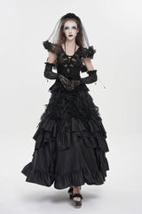Black V Collar Short Sleeves Embroidered Lace Lace-Up Slim Women's Gothic Top - Product - 11