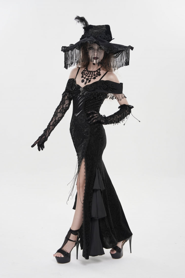 Black Off Shoulder Sleeveless Embroidered Lace Slim Women's Gothic Gorgeous Strapless Dress - Product - 10