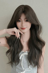 Cool Brown Fluffy Long Loose-Wavy Sweet Lolita Wig with Face-Framing Curtain Bangs - Product - 5