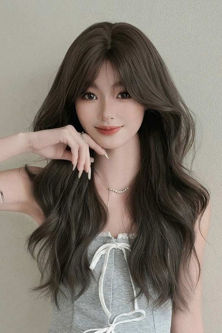 Cool Brown Fluffy Long Loose-Wavy Sweet Lolita Wig with Face-Framing Curtain Bangs - Product - 5