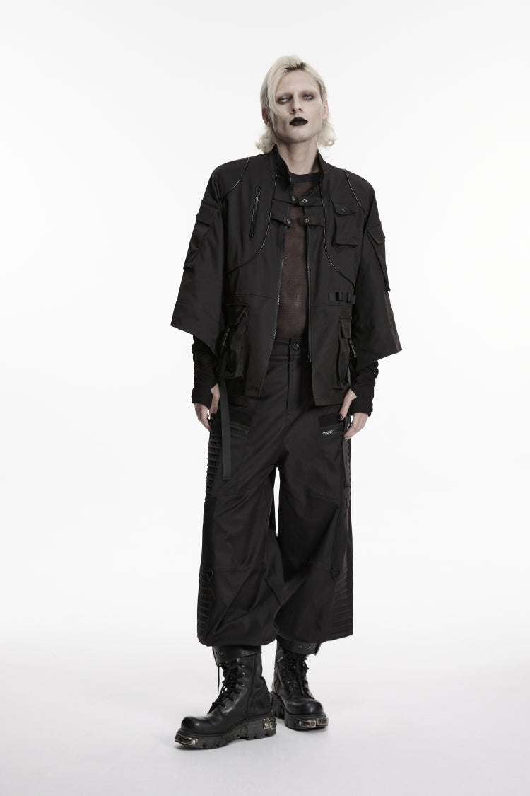 Black Stand Collar Long Sleeves Zippered Men's Punk Handsome Multi Pockets Strappy  Jacket - Product - 8