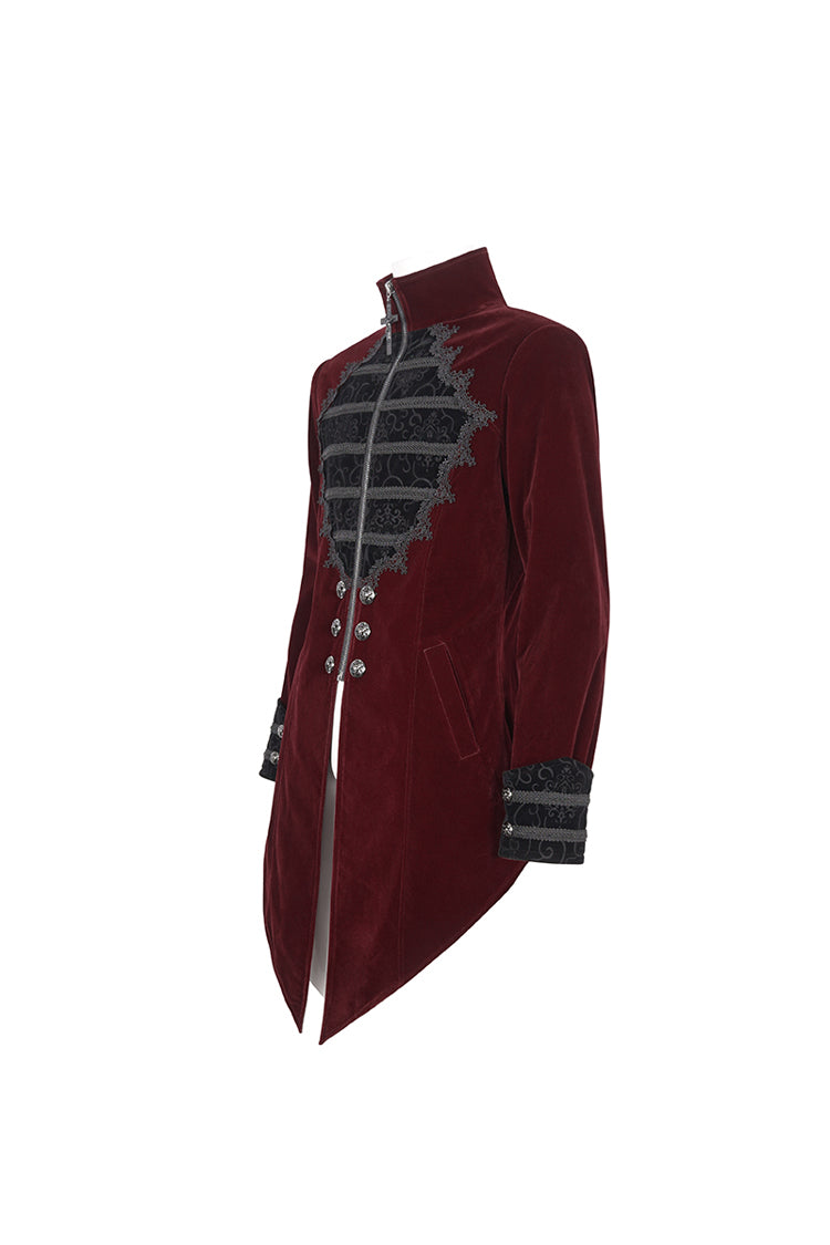 Red Stand Collar Lace Splice Swallow Tailed Men's Gothic Coat - Product - 9