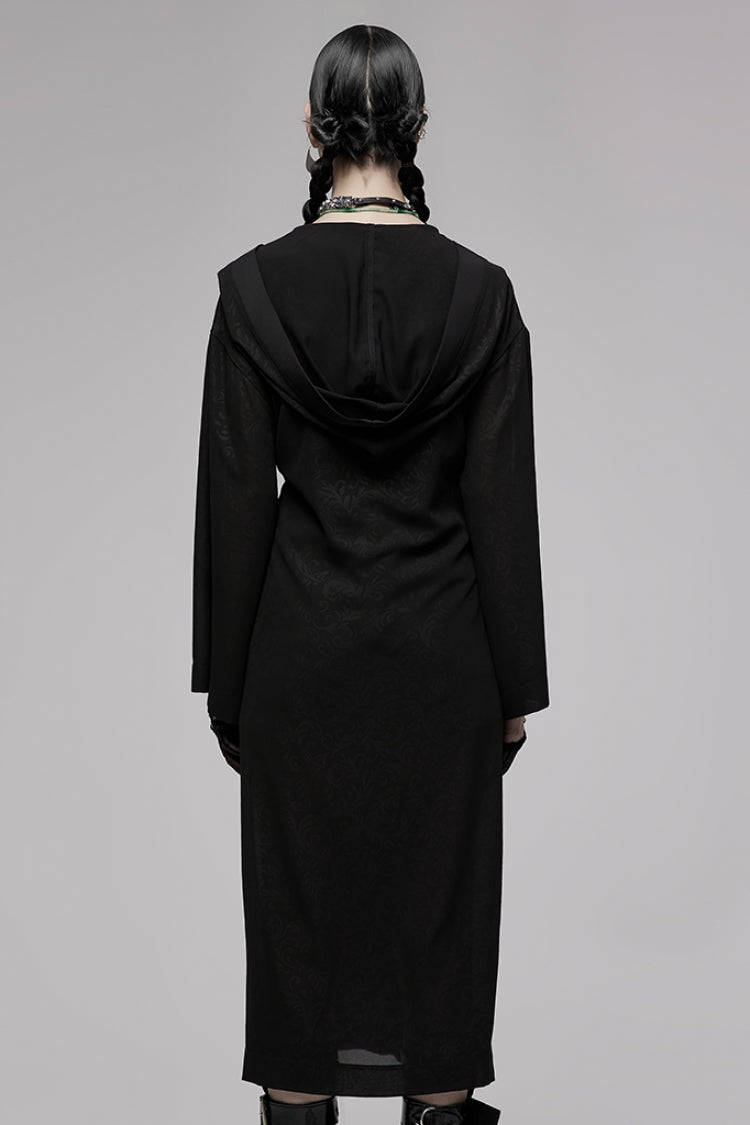 Black Dark Pattern Print Hooded Women's Gothic Coat - Product - 4
