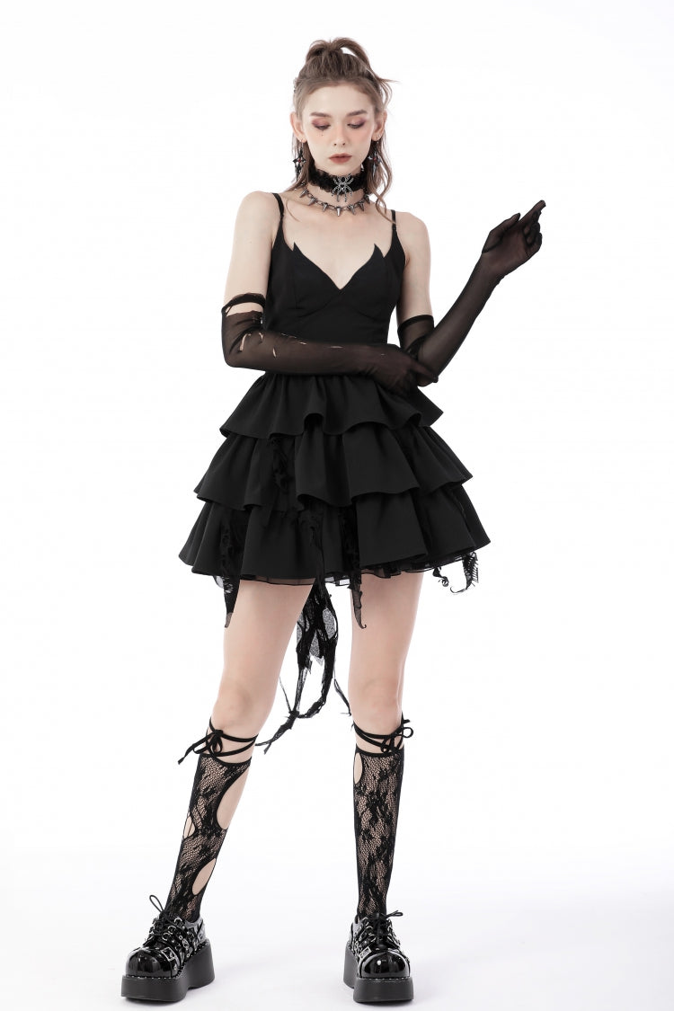 Black Little Devil Sleeveless Multi-Layered Lace-Up Women's Punk Slip Graduation Dress - Product - 8