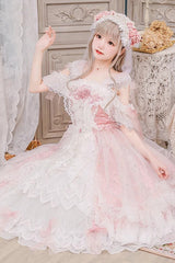 Pink [Glazed Phantom] Off Shoulder Ruffle Hanayome Bowknot Lace Sweet Elegant Lolita Dress - Product - 2