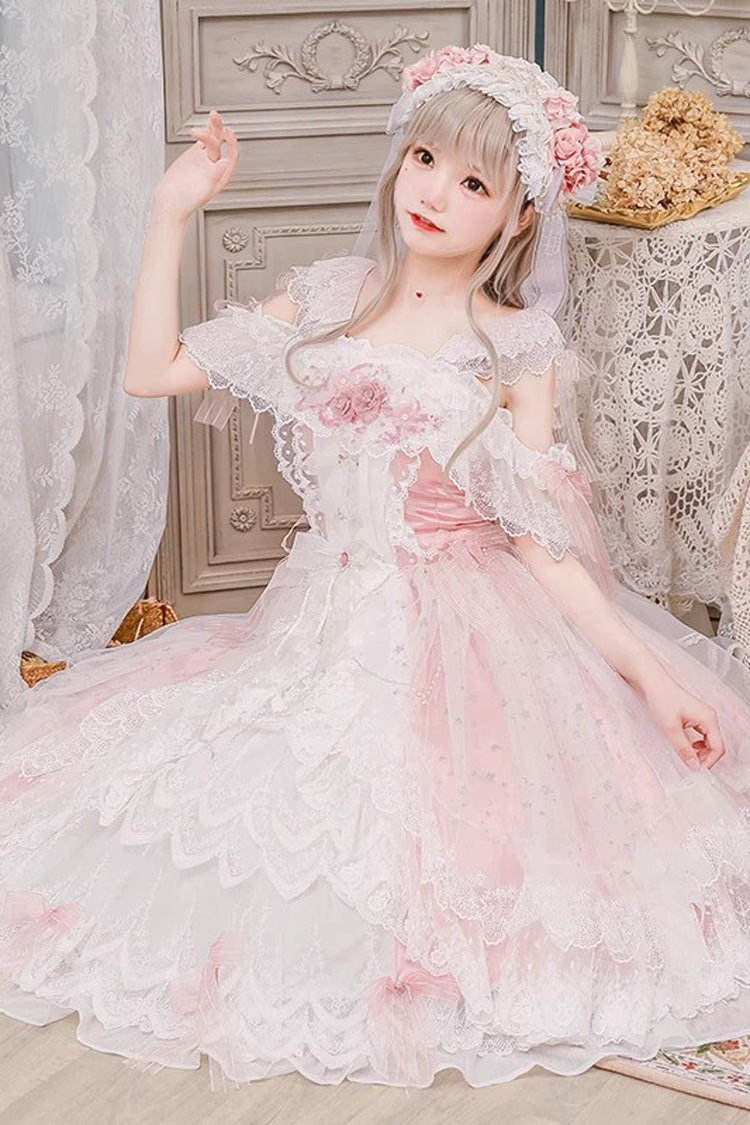 Pink [Glazed Phantom] Off Shoulder Ruffle Hanayome Bowknot Lace Sweet Elegant Lolita Dress - Product - 2