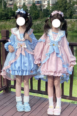 Pink Long Sleeves Music Notes Print Ruffle Bowknot Lace Sweet Lolita Dress - Product - 9