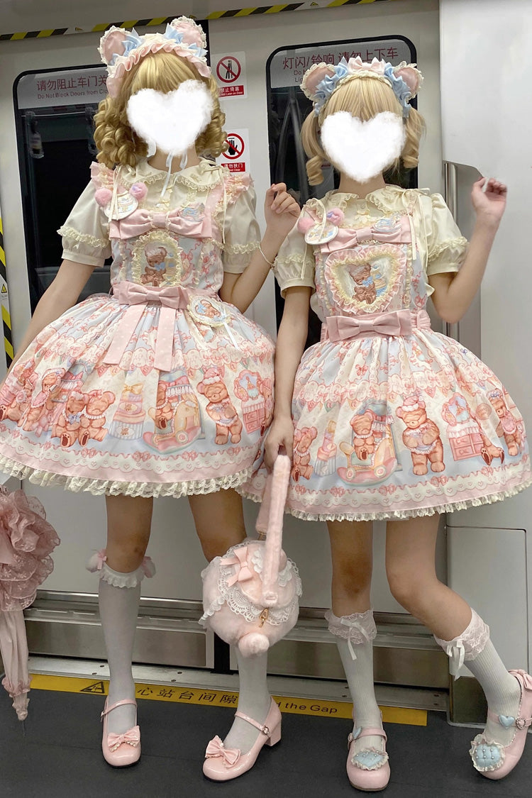 [Bear Anniversary Celebration] Sleeveless Printed Ruffled Bow Sweet Lolita Strap Dress 2 Colors - Product - 2