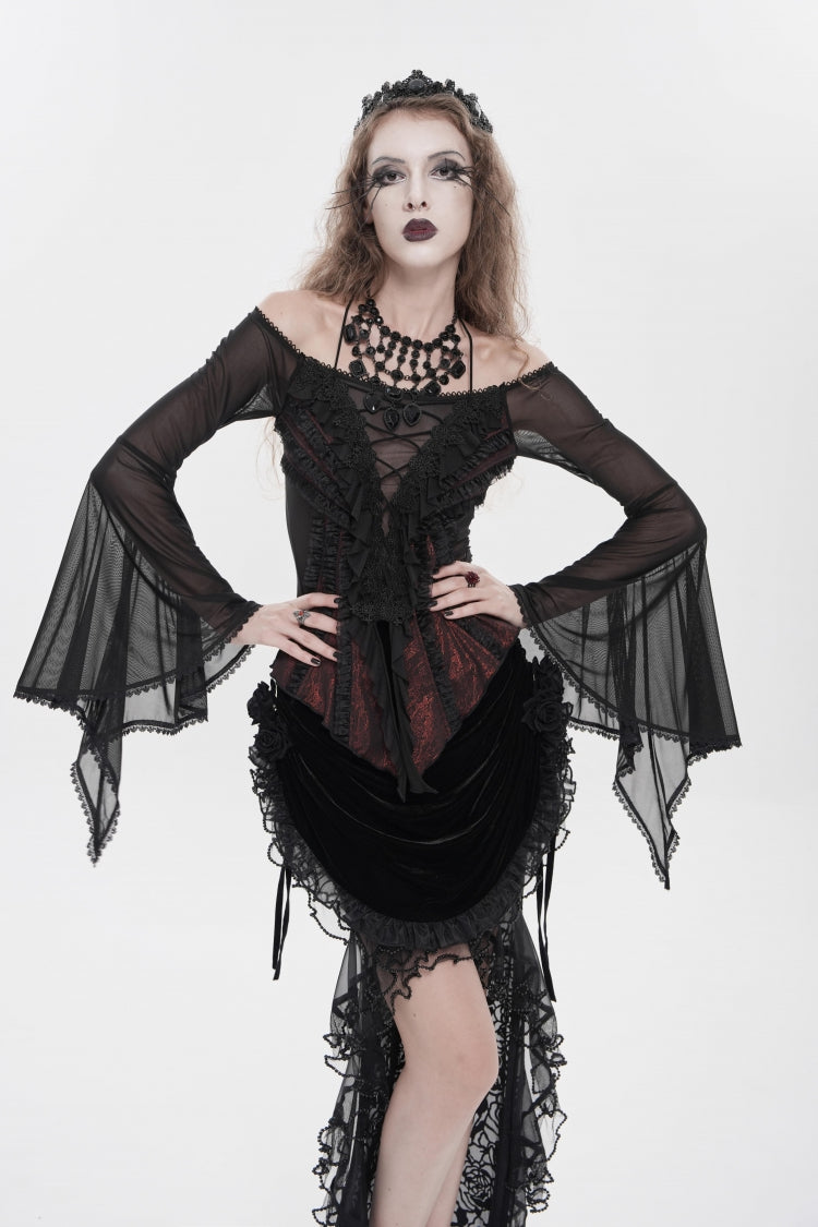 Black/Red Off Shoulder Long Trumpet Sleeves Ruffled Embroidered Lace-Up Women's Gothic Blouse - Black/Red - 1