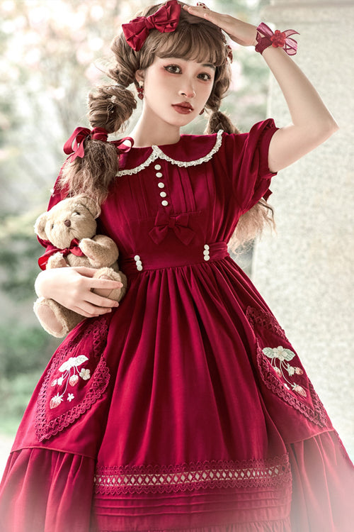 Red Doll Collar Lantern Sleeves Ruffled Strawberry Embroidered Sweet Lolita Dress - Product - 3