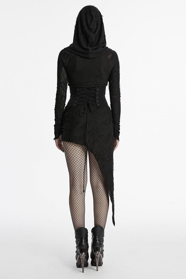 Black Long Sleeves Irregular Hooded Ripped Asymmetric Women's Punk Music Festival Dress - Product - 3