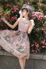 Pink Elegant Vintage French Rose Floral Print V Collar Sleeveless Ruffled Classic Lolita JSK Dress - Product - 5