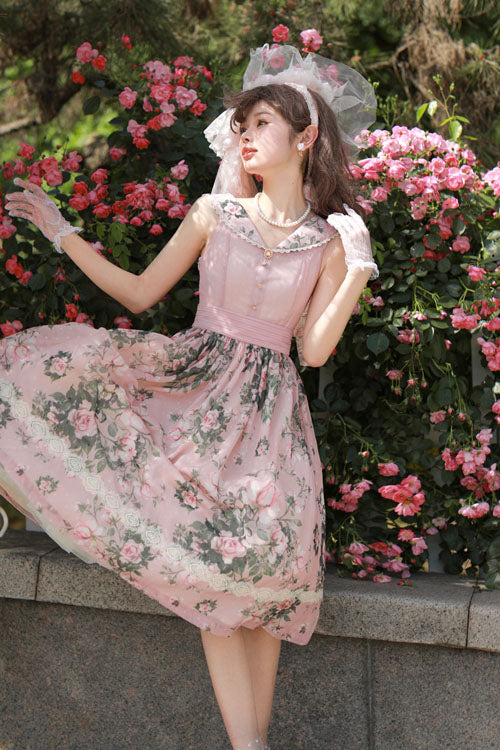 Pink Elegant Vintage French Rose Floral Print V Collar Sleeveless Ruffled Classic Lolita JSK Dress - Product - 5