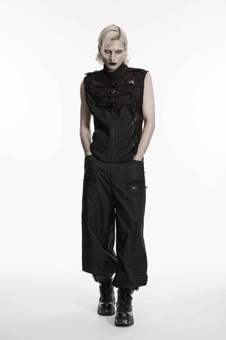 Black Stand Collar Sleeveless Cut-Out Spliced Mesh Buckled Eyelet Men's Punk Handsome Vest - Product - 6
